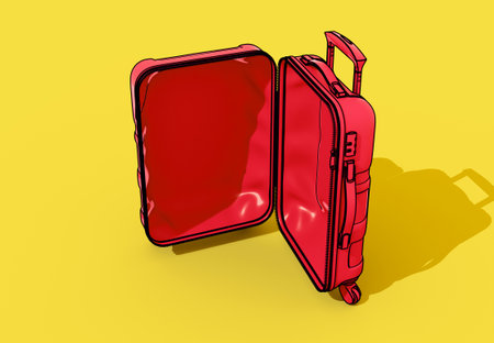 A cartoon illustration of a red plastic travel luggage suitcase with zipper handles and a combination lock on an isolated yellow background - 3D renderの写真素材