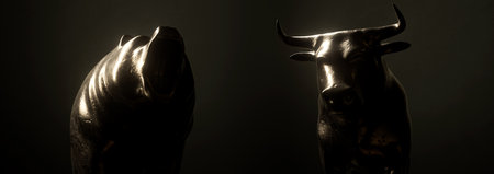Two bronze metal castings depicting a bull opposing a bear in dark dramatic light representing opposing financial market trends - 3D renderの写真素材