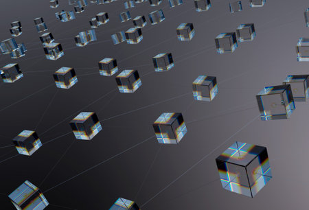 A concept showing a network of interconnected blocks of data depicting a cryptocurrency blockchain...
