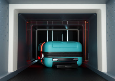 A plastic suitcase being examined by red lights while going through a baggage scanner on an isolated background - 3D renderの写真素材
