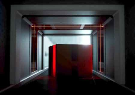 A cardboard box being examined by red lights while going through a baggage scanner on an isolated background - 3D renderの写真素材