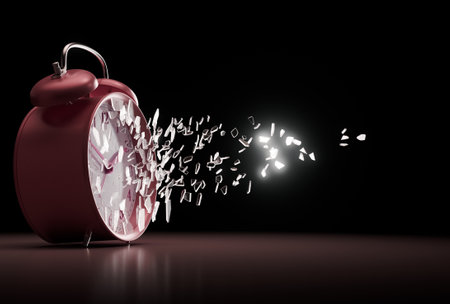 A pink desk clock with its glass screen shattering on a dark background- 3D Renderの写真素材