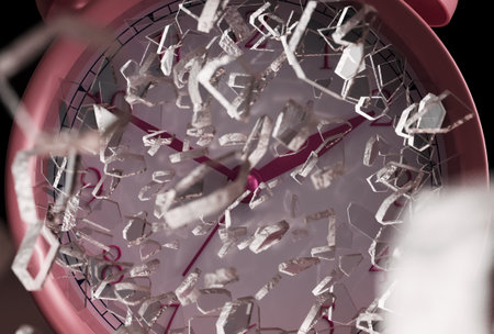 A pink desk clock with its glass screen shattering on a dark background- 3D Renderの写真素材