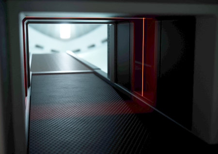 An interior of a baggage scanner with red scanning lights  - 3D renderの写真素材