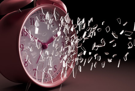 A pink desk clock with its glass screen shattering on a dark background- 3D Renderの写真素材