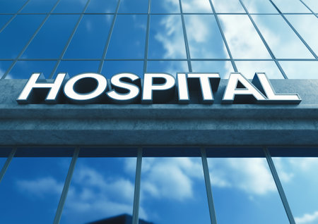 Generic signage above the entrance to a modern generic hospital building made of exposed concrete and reflective glass in the day time - 3D renderの写真素材