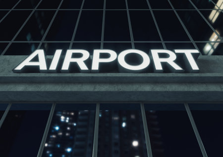 Generic signage above the entrance to a modern generic airport building made of exposed concrete and reflective glass at night time - 3D renderの写真素材
