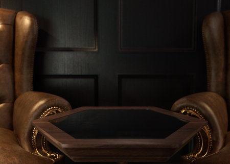 A dimly lit cigar room with two leather chairs on a dark wooden panelled wall - 3D renderの写真素材