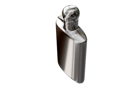 A shiny silver hip flask for holding beveages on an isolated white background - 3D renderの写真素材