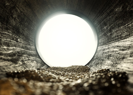 A view through the inside of a whiskey barrel looking out filled with grain - 3D render