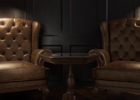 A dimly lit cigar room with two leather chairs on a dark wooden panelled wall - 3D renderの写真素材