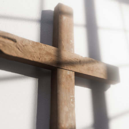 A rugged unrefinied regular wooden crucifix mounted on a white wall casting a long shadow from a...