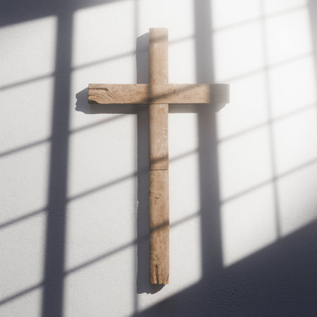 A rugged unrefinied regular wooden crucifix mounted on a white wall casting a long shadow from a window - 3D renderの写真素材