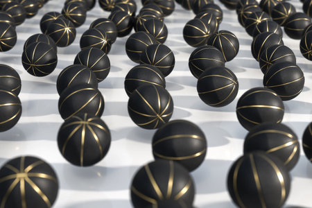 A large array of randomly spaced generic black basketball sports balls create a clear circular area in the centre - 3D renderの写真素材