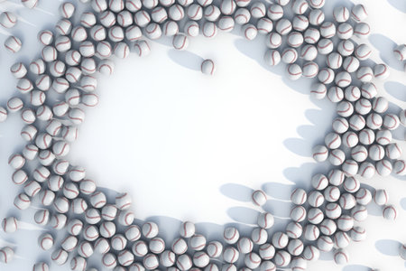 A large array of randomly spaced generic baseball sports balls create a clear circular area in the centre - 3D renderの写真素材