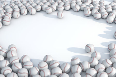 A large array of randomly spaced generic baseball sports balls create a clear circular area in the centre - 3D renderの写真素材