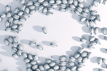 A large array of randomly spaced generic rugby sports balls create a clear circular area in the centre - 3D renderの写真素材