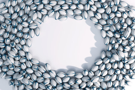 A large array of randomly spaced generic rugby sports balls create a clear circular area in the centre - 3D renderの写真素材