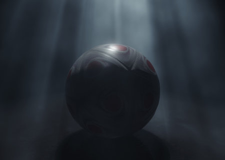 A generic soccer or football sports ball being lit by a single ethereal light rays on a dark black background - 3D renderの写真素材