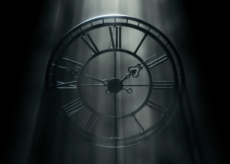 3D render of a metal frame tower clock with Roman numerals, backlit by bright hazy light rays on a...