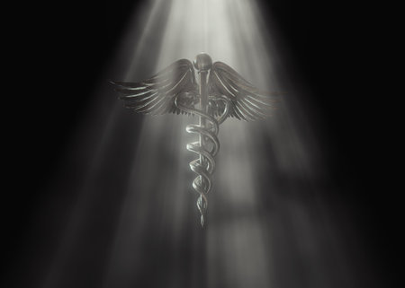 3D render of a caduceus medical symbol illuminated by a bright hazy light ray on black background,...