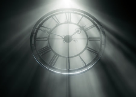 3D render of a metal frame tower clock with Roman numerals, backlit by bright hazy light rays on a...