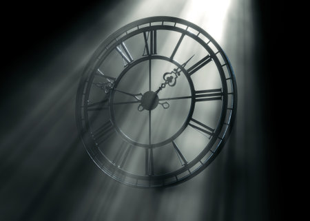 3D render of a metal frame tower clock with Roman numerals, backlit by bright hazy light rays on a...