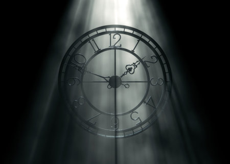 3D render of a metal frame tower clock with regular numbers, backlit by bright hazy light rays on a black background, ideal for vintage, architectural, and time-themed design projects.の写真素材