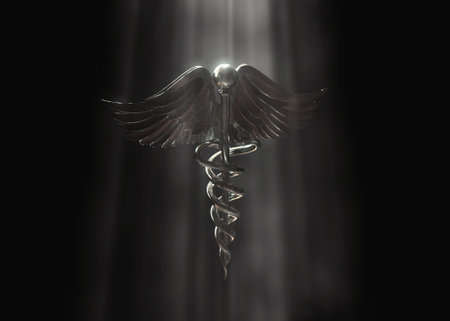 3D render of a caduceus medical symbol illuminated by a bright hazy light ray on black background,...