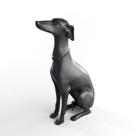 3D render of a sitting greyhound sculpture crafted from reflective black stone, displayed on an isolated white studio background for modern, elegant visual design and decor concepts.の写真素材
