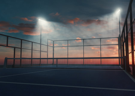 A single padel or pickleball court at dusk, illuminated by floodlights with a warm sunset glow, ideal for sports, fitness, and architectural design visuals - 3D renderの写真素材