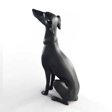 3D render of a sitting greyhound sculpture crafted from reflective black stone, displayed on an isolated white studio background for modern, elegant visual design and decor concepts.の写真素材