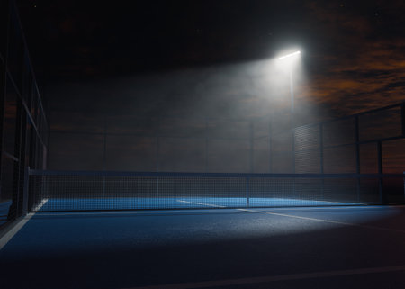 A single padel or pickleball court at night, lit by one floodlight illuminating half the court for a dramatic, cinematic lighting effect ideal for design and sport visuals - 3D render.の写真素材