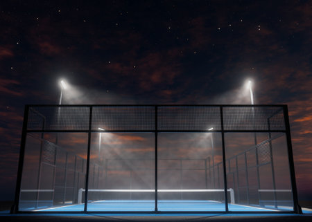 A single padel or pickleball court at night, illuminated by bright floodlights with detailed reflections and shadows, ideal for sports, design, or architectural - 3D rendervisuals.の写真素材