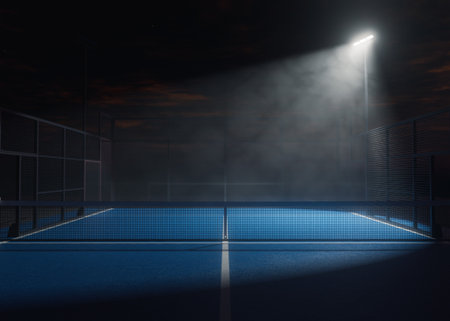 A single padel or pickleball court at night, lit by one floodlight illuminating half the court for a dramatic, cinematic lighting effect ideal for design and sport visuals - 3D render.の写真素材