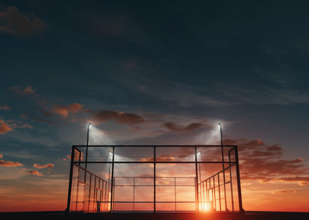 A single padel or pickleball court at dusk, illuminated by floodlights with a warm sunset glow, ideal for sports, fitness, and architectural design visuals - 3D renderの写真素材