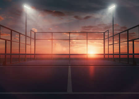 A single padel or pickleball court at dusk, illuminated by floodlights with a warm sunset glow, ideal for sports, fitness, and architectural design visuals - 3D renderの写真素材