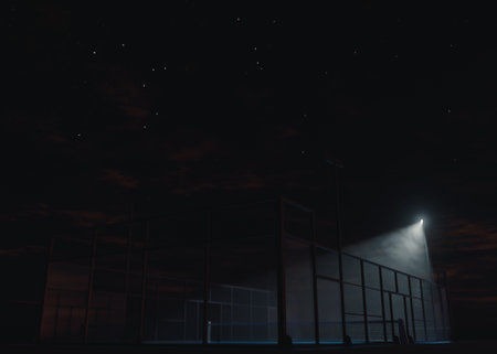 A single padel or pickleball court at night, lit by one floodlight illuminating half the court for a dramatic, cinematic lighting effect ideal for design and sport visuals - 3D render.の写真素材