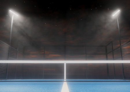 A single padel or pickleball court at night, illuminated by bright floodlights with detailed reflections and shadows, ideal for sports, design, or architectural - 3D rendervisuals.の写真素材