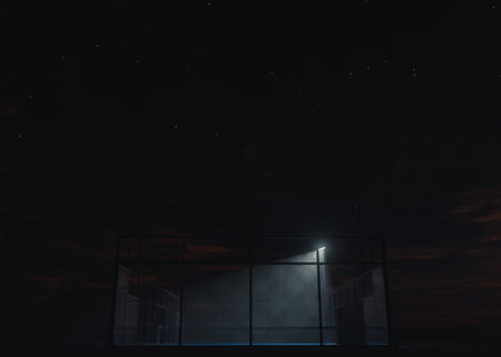 A single padel or pickleball court at night, lit by one floodlight illuminating half the court for a dramatic, cinematic lighting effect ideal for design and sport visuals - 3D render.の写真素材