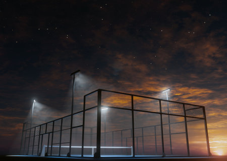 A single padel or pickleball court at night, illuminated by bright floodlights with detailed reflections and shadows, ideal for sports, design, or architectural - 3D rendervisuals.の写真素材