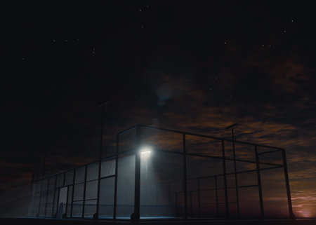 A single padel or pickleball court at night, lit by one floodlight illuminating half the court for a dramatic, cinematic lighting effect ideal for design and sport visuals - 3D render.の写真素材