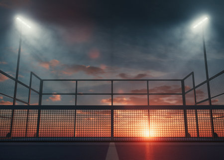 A single padel or pickleball court at dusk, illuminated by floodlights with a warm sunset glow, ideal for sports, fitness, and architectural design visuals - 3D renderの写真素材