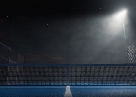 A single padel or pickleball court at night, lit by one floodlight illuminating half the court for a dramatic, cinematic lighting effect ideal for design and sport visuals - 3D render.の写真素材
