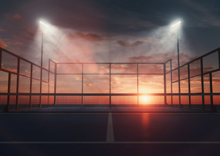 A single padel or pickleball court at dusk, illuminated by floodlights with a warm sunset glow, ideal for sports, fitness, and architectural design visuals - 3D renderの写真素材