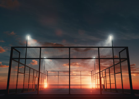 A single padel or pickleball court at dusk, illuminated by floodlights with a warm sunset glow, ideal for sports, fitness, and architectural design visuals - 3D renderの写真素材