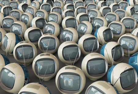 3D render of a random array of vintage futurism sphere-shaped 1970s televisions with blank screens,...