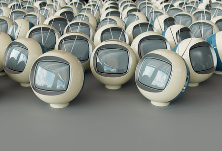 3D render of a random array of vintage futurism sphere-shaped 1970s televisions with blank screens,...