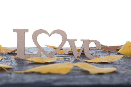 The inscription Love on a dark stone background with yellow leavesの写真素材