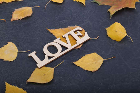 The inscription Love on a dark stone background with yellow leaves